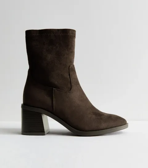 Women's Wide Fit Dark Brown Faux Suede Stacked Heel Sock Ankle Boots Vegan