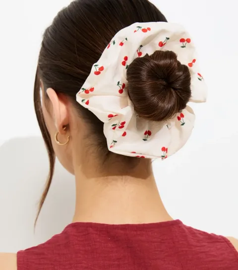 White Cherry Print Scrunchie
