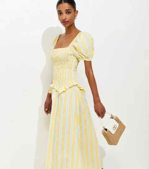 New Look Women's Yellow Striped Shirred Dropped Waist Midi Dress