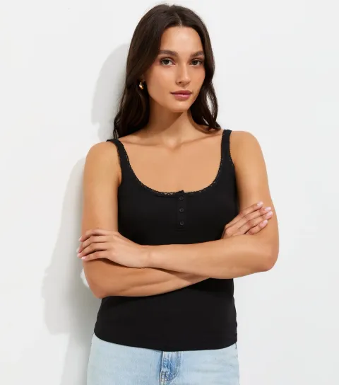 Women's Black Cotton Rich Lace Trim Henley Cami Top