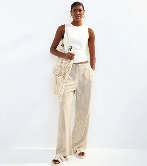 New Look Women's Stone Stripe Linen Look Wide Leg Trousers