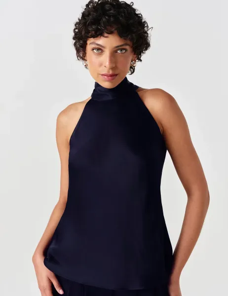 Ghost Satin High Neck Top Navy