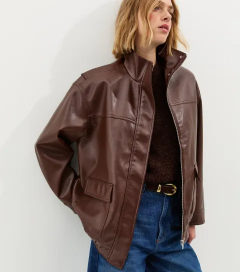 Women's Dark Brown Faux Leather Funnel Neck Oversized Jacket