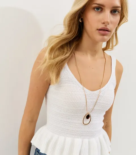 Women's White Cotton Rich Textured Knit Peplum Cami Vest