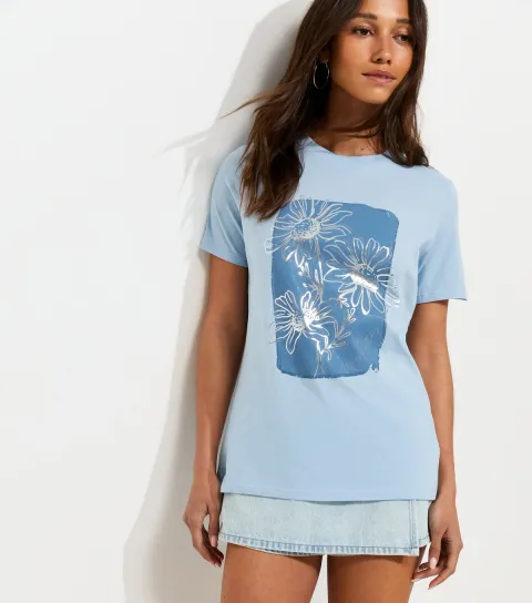 Women's Light Blue Cotton Foil Flower Print T-Shirt