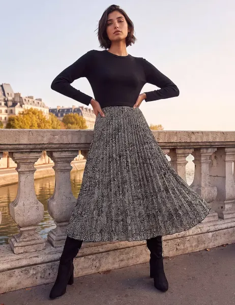 Roman Petite Printed Pleated Midi Dress Black Mix