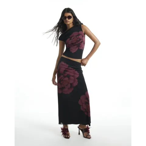 River Island Mesh Floral Print Maxi Skirt
