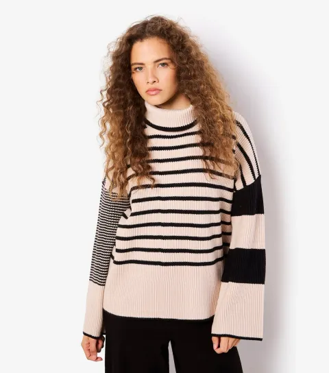 Women's Stone Roll Neck Striped Jumper