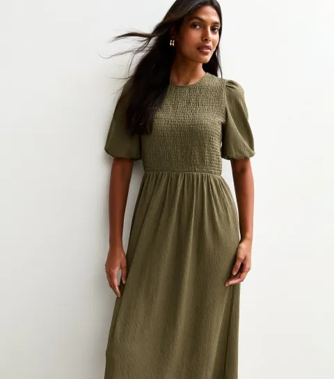 Women's Khaki Crinkle Texture Puff Sleeve Smock Midi Dress
