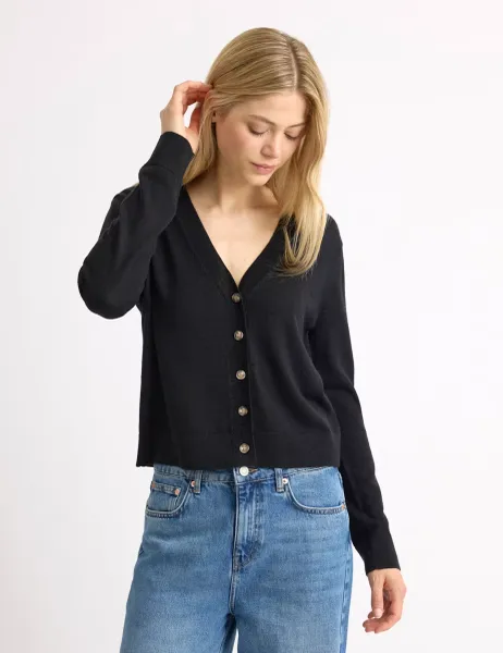 Albaray Pure Merino Wool V-Neck Button Front Cardigan Black