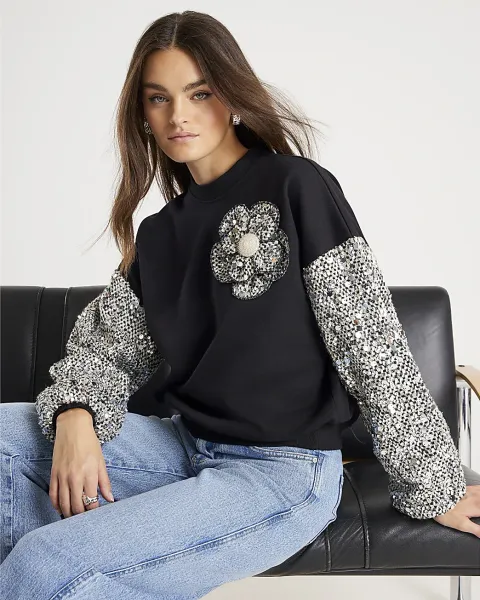 River Island Long Sleeve Boucle Trim Sweatshirt