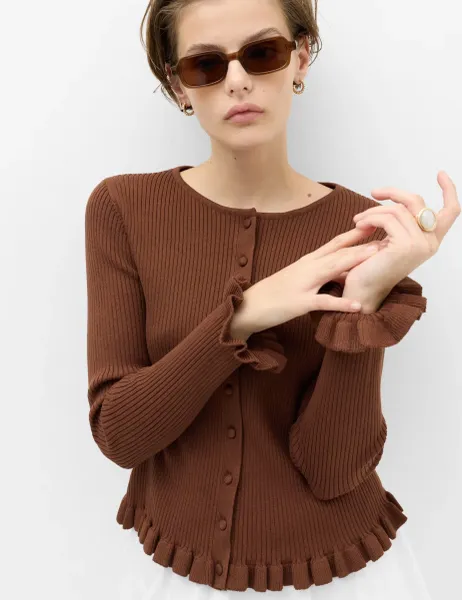 Marks & Spencer Ribbed Frill Detail Slim Fit Cardigan Conker