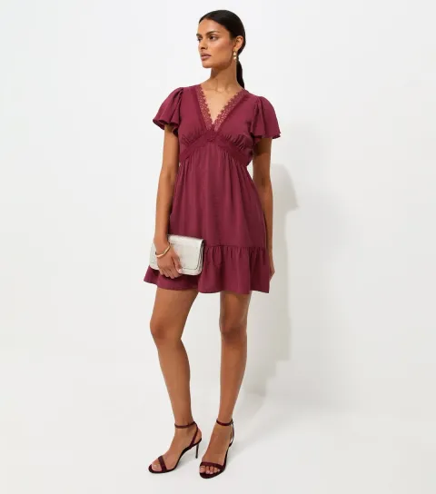 New Look Women's Dark Burgundy Crinkle Texture Lace Trim V Neck Mini Dress