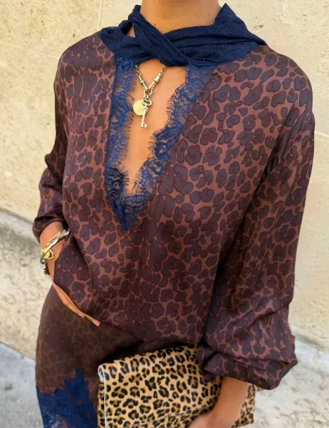 Never Fully Dressed Leopard Print V-Neck Lace Detail Batwing Top Multi