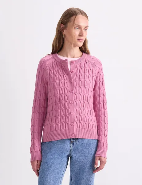 Pure Merino Wool Cable Knit Cardigan Pink