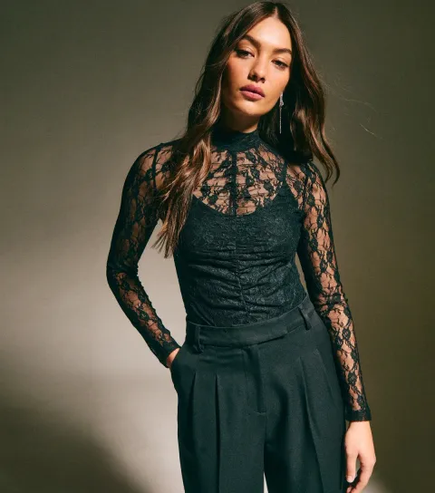 New Look Women's Black Ruched Sheer Unlined Lace Long Sleeve Bodysuit