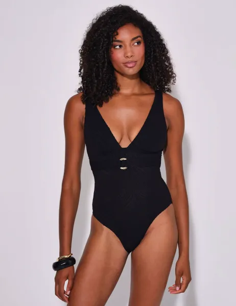 South Beach Textured Ring Detail Plunge Swimsuit