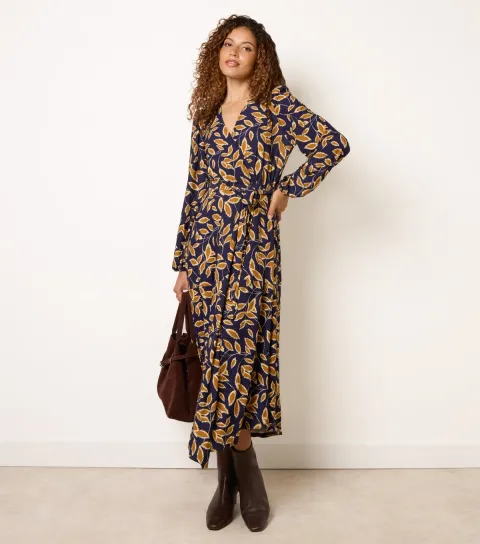 Women's Navy Patterned Asymmetric Wrap Midi Dress