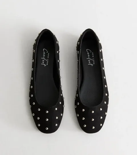 New Look Women's Black Faux Suede Studded Ballet Pumps Vegan