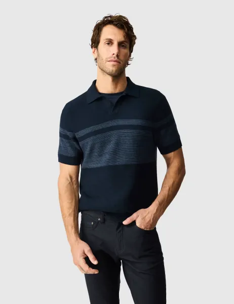 Rodd & Gunn Pure Cotton Colour Block Knitted Polo Shirt Dark Navy Mix