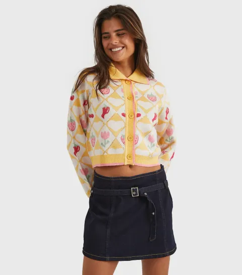 Women's Bright Yellow Floral Diamond Knitted Cardigan