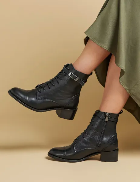 Jones Bootmaker Leather Lace Up Block Heel Ankle Boots Black