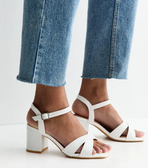 Women's Wide Fit White Faux Leather Block Heel Sandals Vegan