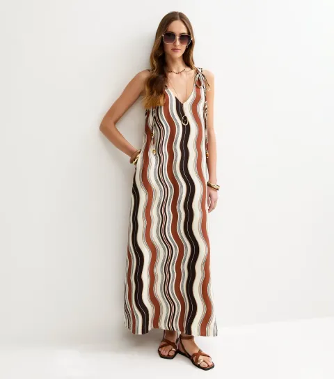 Women's Tall Brown Waves Ruched Shoulder Smock Midi Dress