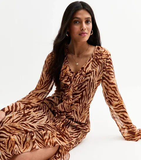 New Look Women's Brown Animal Print Chiffon Midi Dress