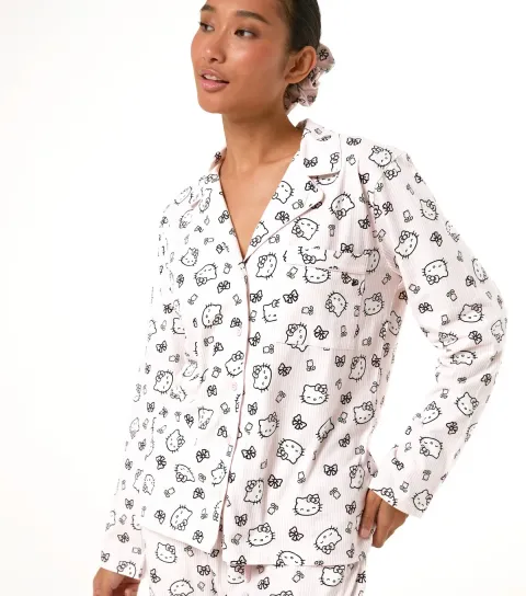 Skinnydip Women's White Cotton Hello Kitty Print Shirt and Trousers Pyjama Set With Scrunchie