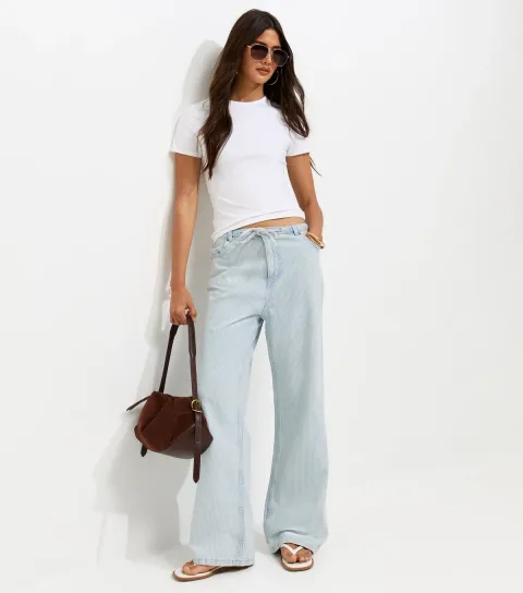 Women's White Cotton Striped Denim Tie Waist Jeans