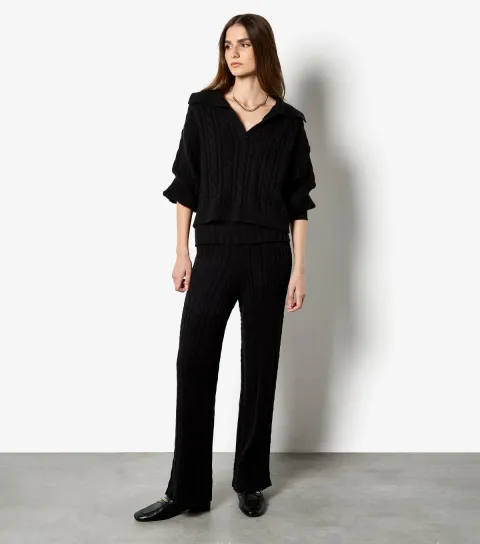 Women's Black Cable Knit Collar Jumper