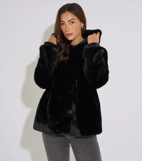 Gini London Women's Black Faux Fur Hooded Midi Jacket