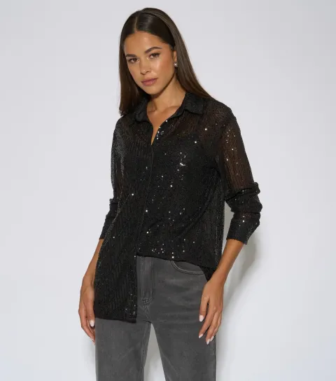 Gini London Women's Black Semi Sheer Sequin Shirt
