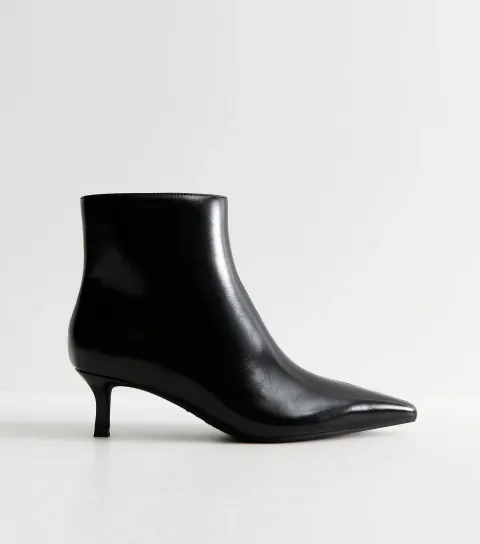 New Look Women's Black Faux Leather Kitten Heel Pointed Toe Ankle Boots Vegan
