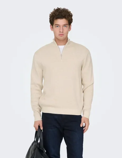 Only & Sons Pure Cotton Half Zip Jumper Cream