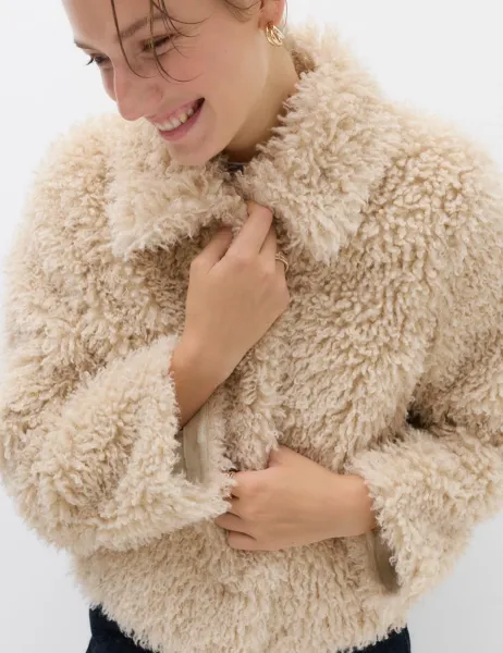 Marks & Spencer Faux Fur Textured Collared Short Jacket Ivory