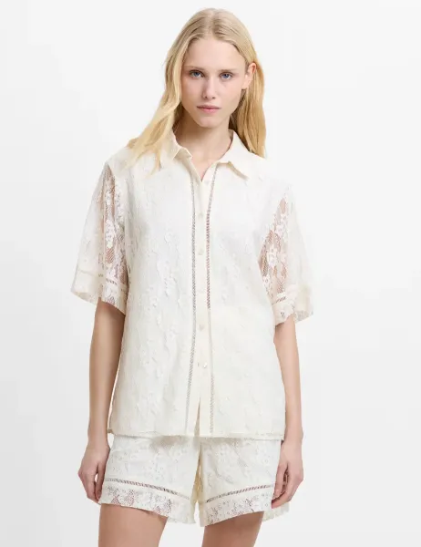 French Connection Floral Lace Collared Button Through Shirt Cream