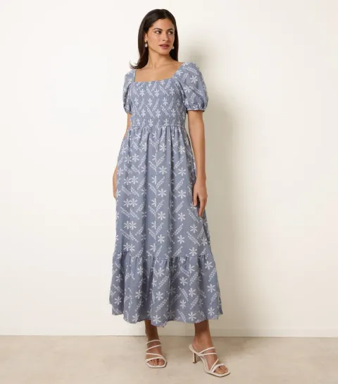 Women's Blue Floral Embroidered Puff Sleeve Midi Dress