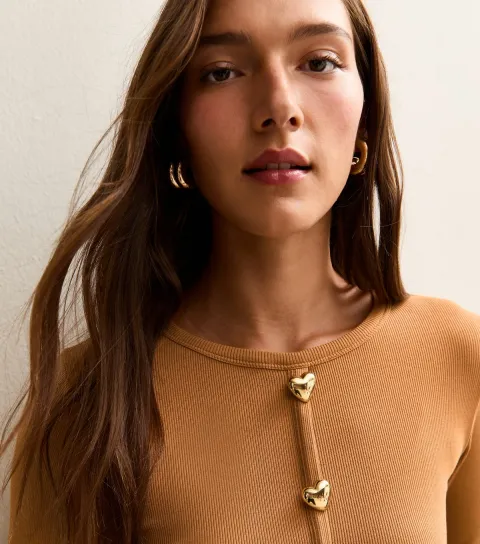 Women's Brown Heart Button Long Sleeve Top