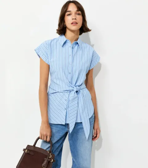 Women's Blue Cotton Rich Striped Tie Front Short Sleeve Shirt
