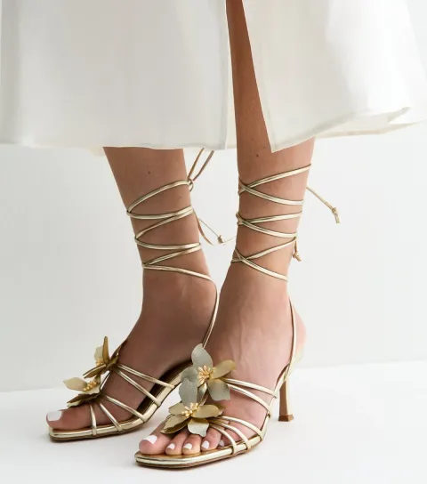 Women's Gold Faux Leather Flower Strap Stiletto Sandals Vegan