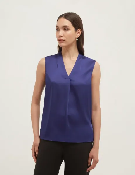 Hobbs Satin V-Neck Pleat Detail Blouse Blue