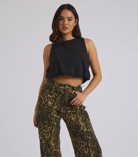 Urban Bliss Women's Black Open Back Bubble Hem Top
