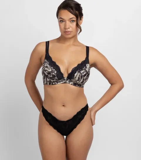 Women's Black Printed Lace Trimmed Plunge Bra