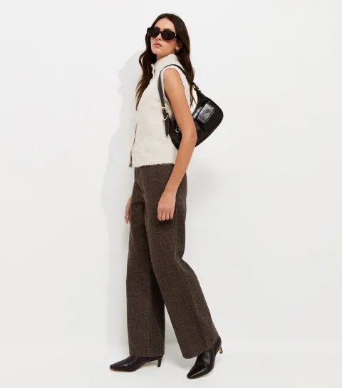 Women's Brown Leopard Print Wide Leg Jeans