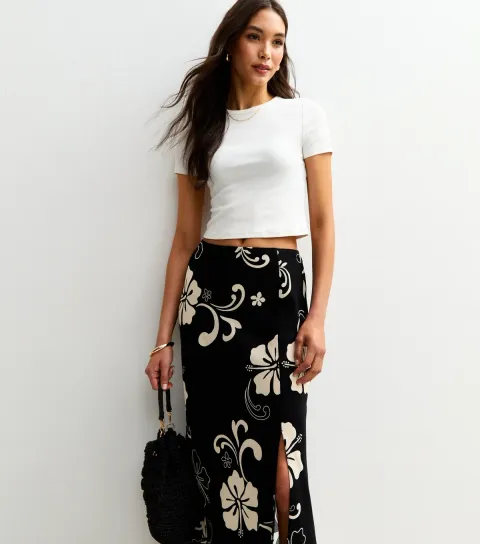 New Look Women's Black Hibiscus Print Side Split Midi Skirt