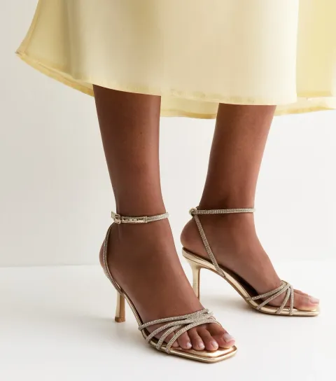 New Look Women's Gold Faux Leather Diamante Strap Stiletto Sandals Vegan