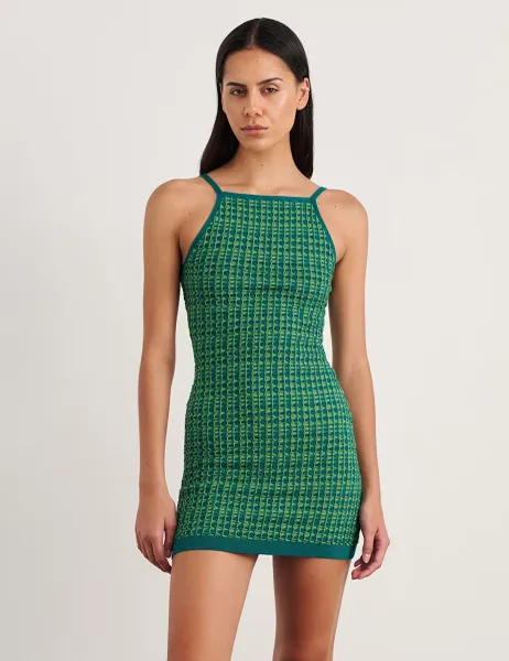 Pure Cotton Knitted Square Neck Mini Dress Green