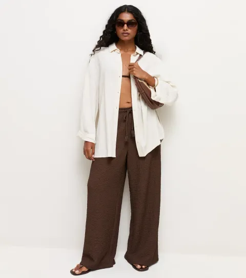 Women's Petite Dark Brown Textured Wide Leg Trousers